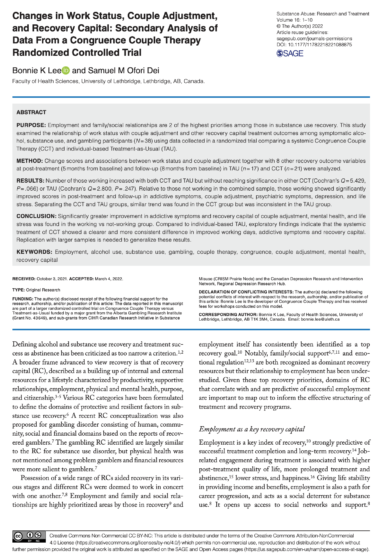 Changes in Work Status, Couple Adjustment, and Recovery Capital: Secondary Analysis of Data From a Congruence Couple Therapy Randomized Controlled Trial