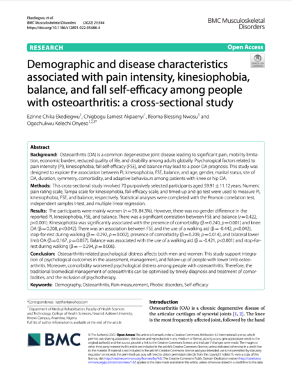 Demographic and disease characteristics associated with pain intensity, kinesiophobia, balance, and fall self-efficacy among people with osteoarthritis: a cross-sectional study
