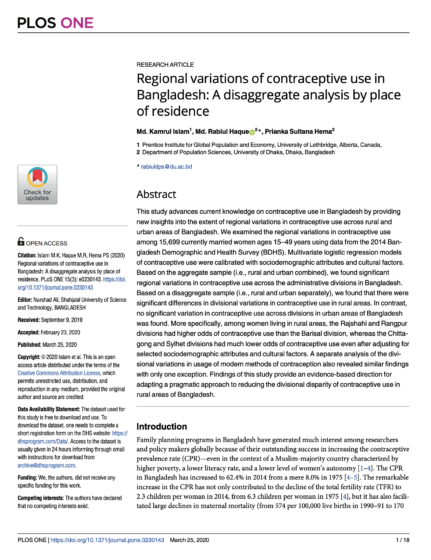 Regional variations of contraceptive use in Bangladesh: A disaggregate analysis by place of residence